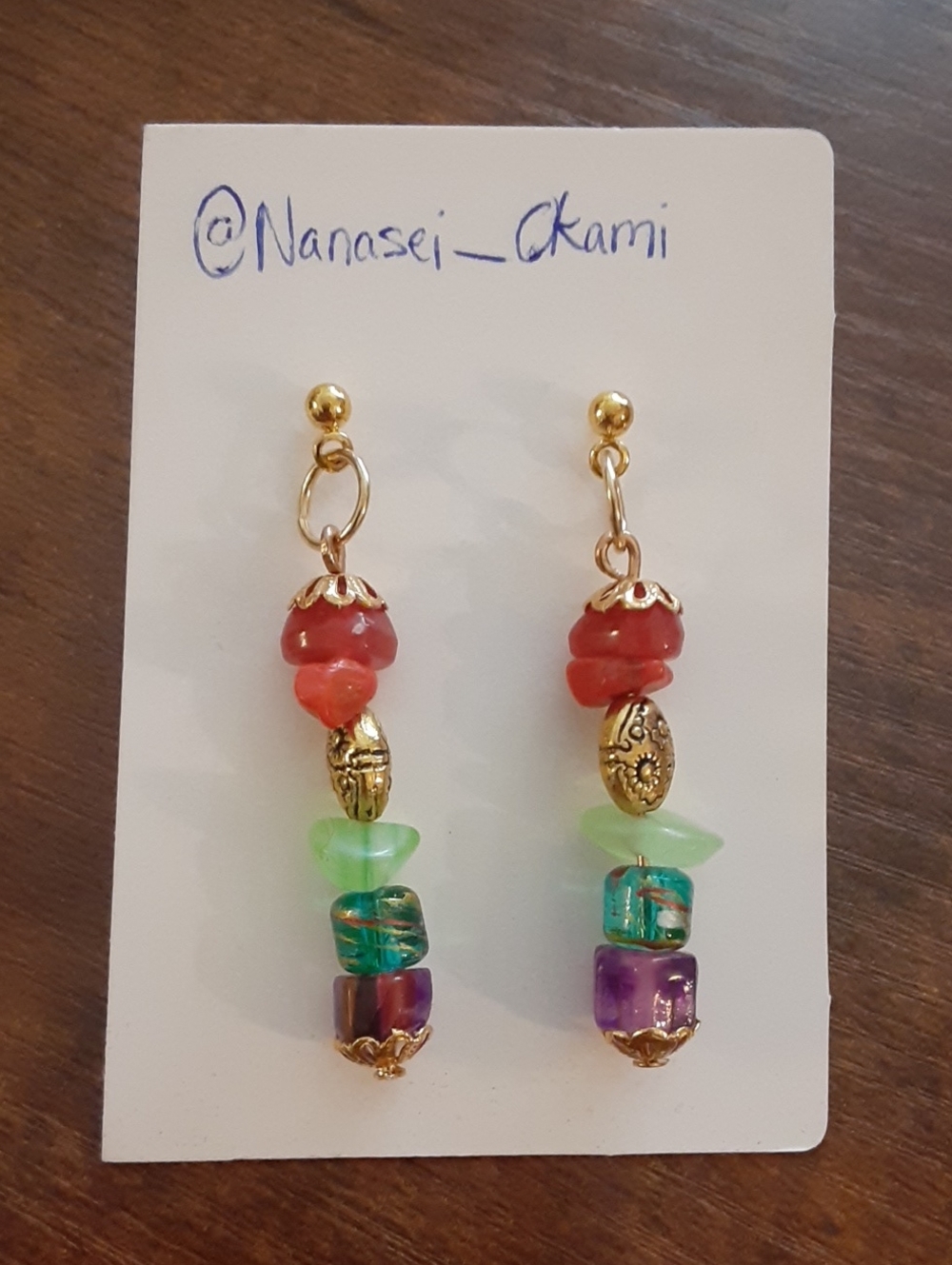 Handcrafted By @nanasei_okami Colorful Beaded Drop Earrings - Gold Accent